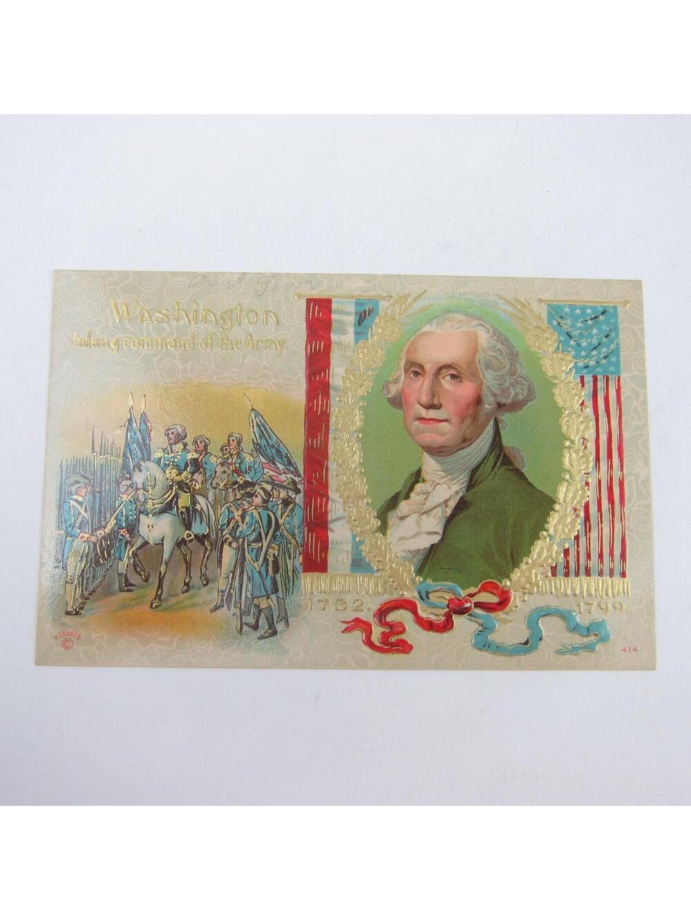 Postcard George Washington Taking Command of Army Patriotic Embossed Antique